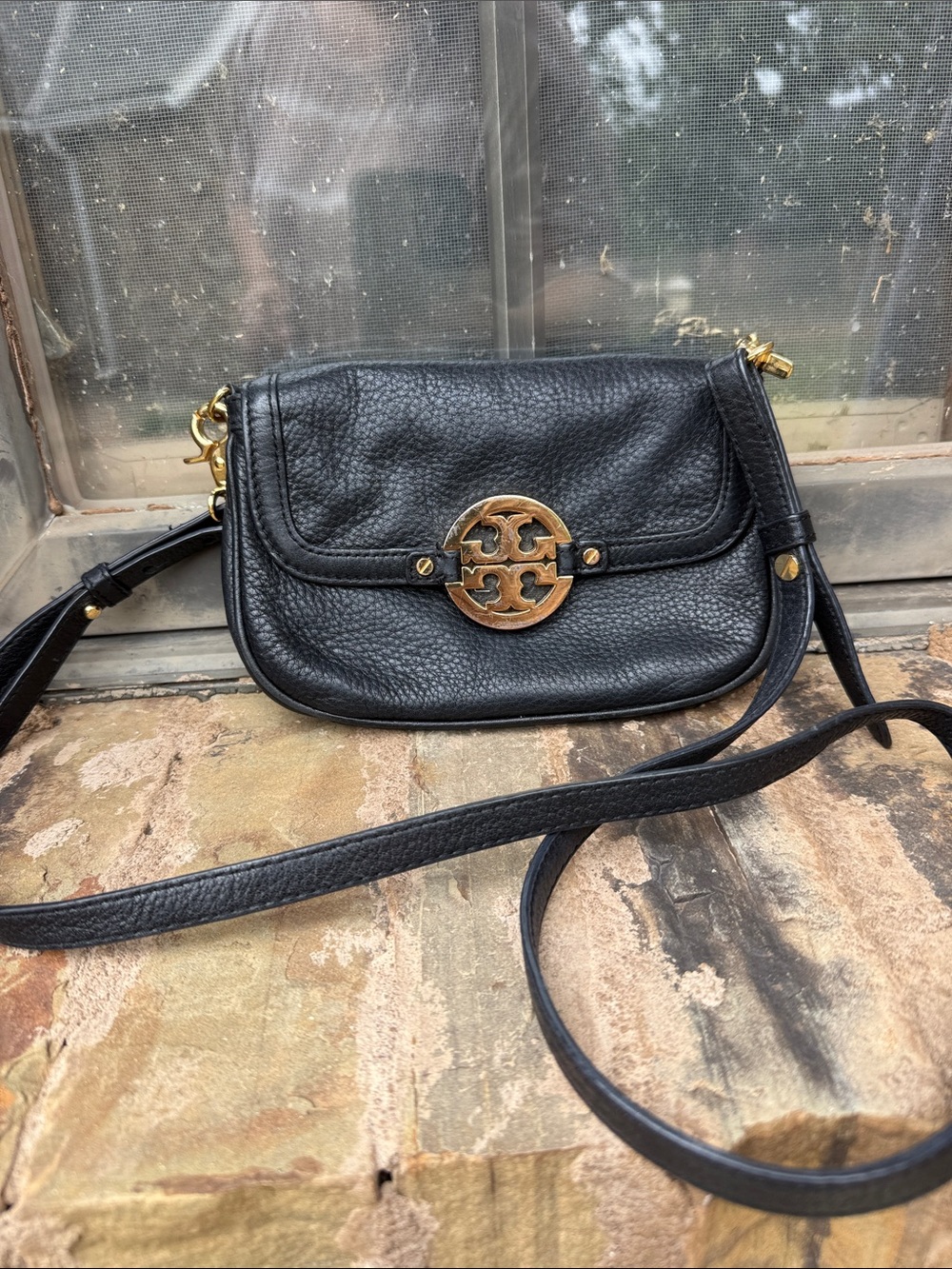 Tory Burch Black Pebbled Leather Crossbody with Gold Logo Medallion